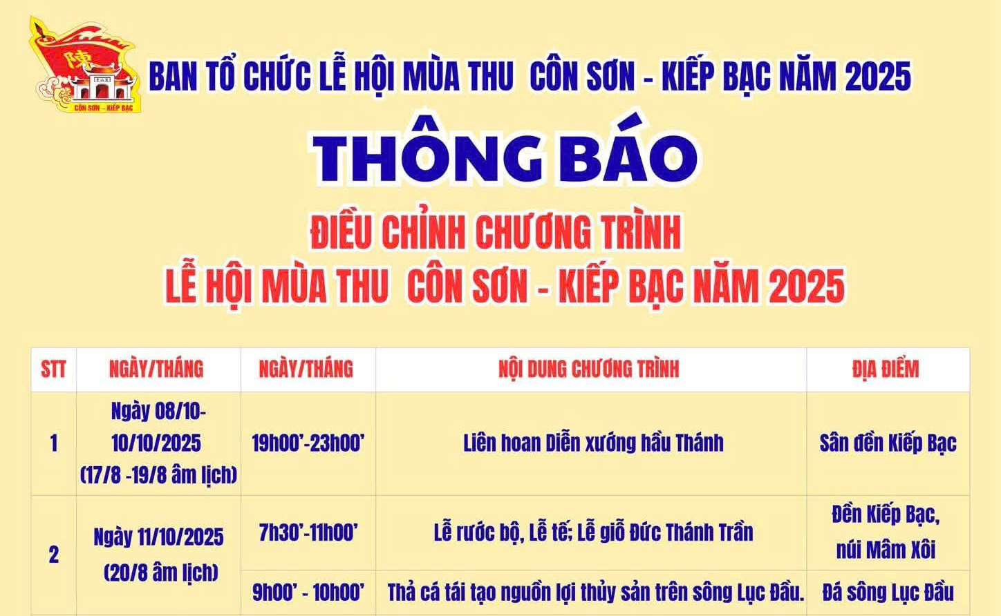 Điều chỉnh chương trình Lễ hội mùa thu Côn Sơn - Kiếp Bạc năm 2025